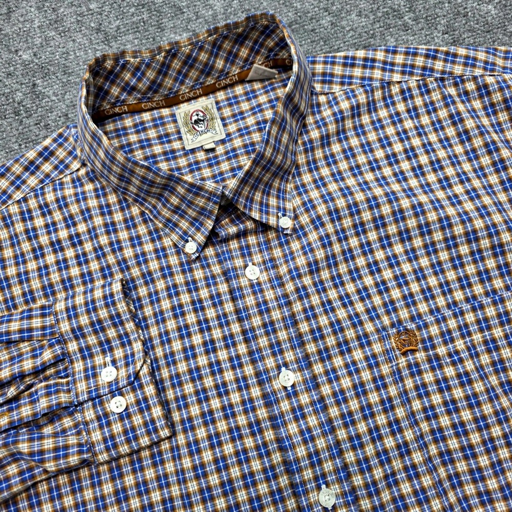 Cinch Plaid Western Button-Down Shirt Men's XXL Blue Brown Cotton Long Sleeve